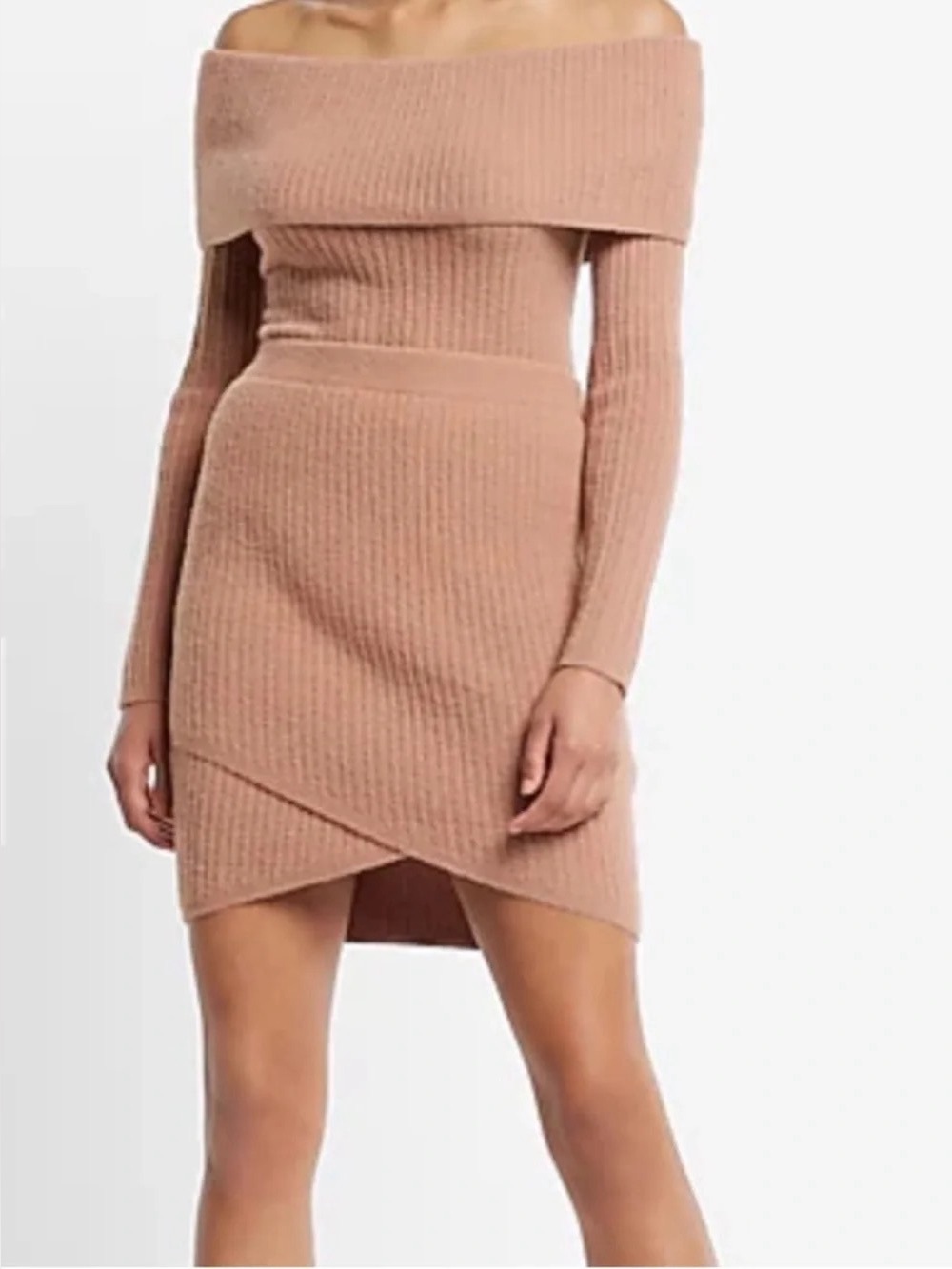 Express Small Brown Ribbed Cozy Sweater Knit Crossover Fitted Pencil Skirt NWOT